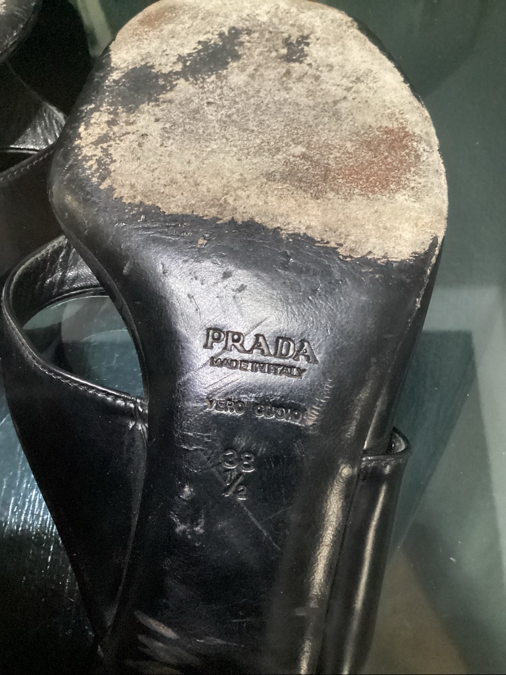 Prada Black Leather Square-Toe Thong Heel Sandals - size 38 1/2 - US 8 - Picture 5 of 6
